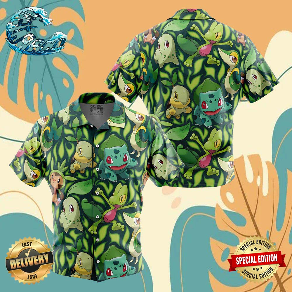 Grass Type Starters Pokemon Button Up Anime Ape Hawaiian Shirt