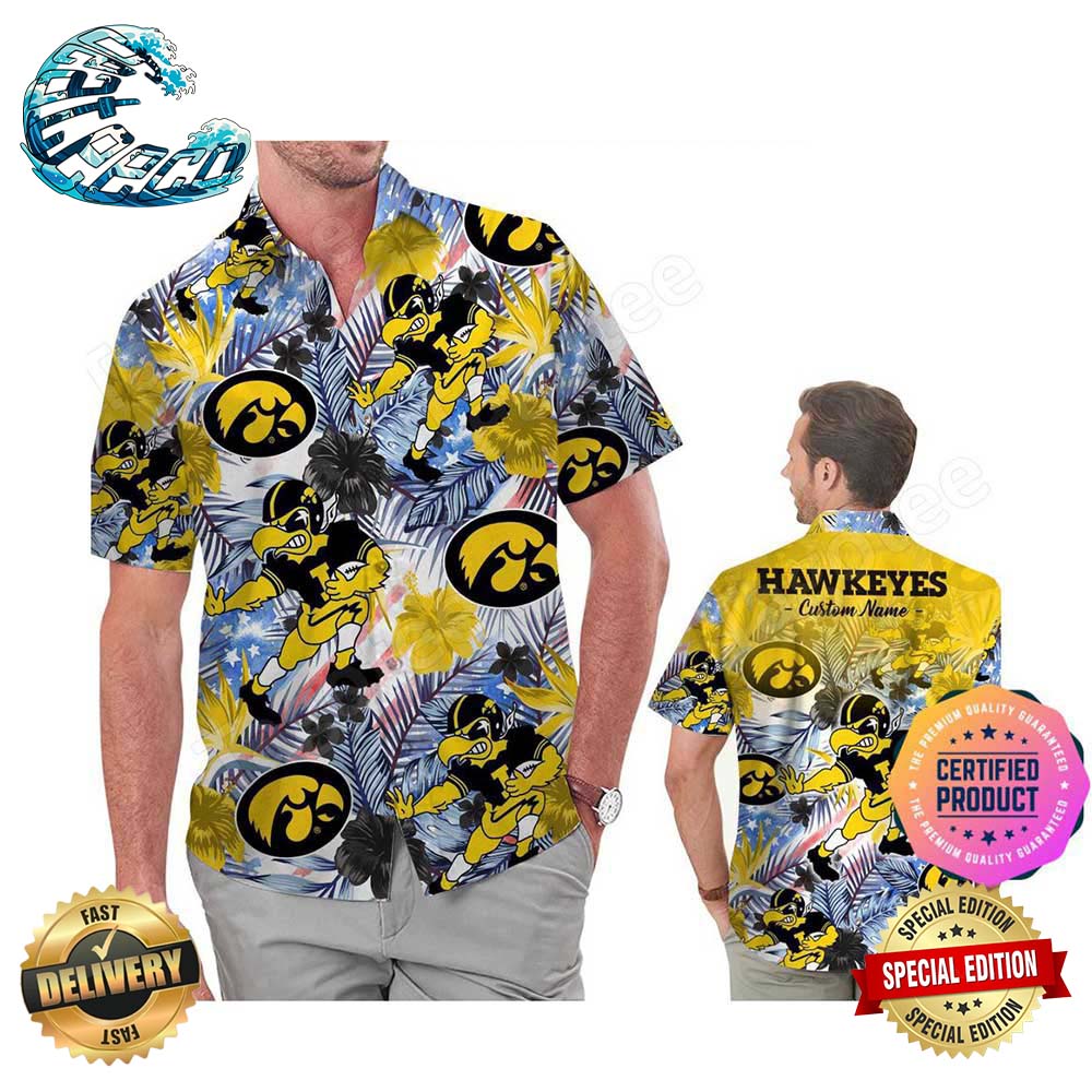 Iowa Hawkeyes America Flag Tropical Floral Aloha Hawaiian Shirt Beach Shorts Custom Name For Men Women