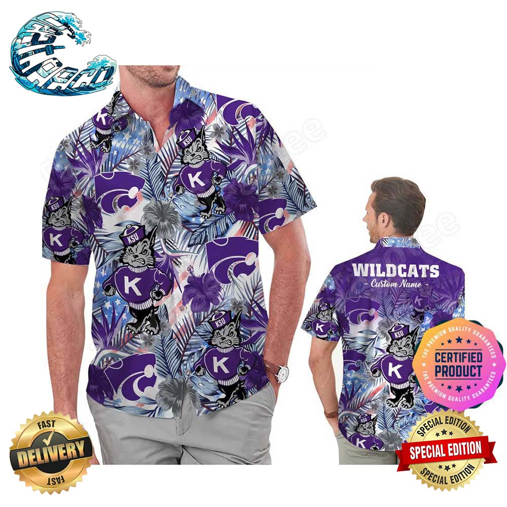 Kansas State Wildcats America Flag Tropical Floral Aloha Hawaiian Shirt Beach Shorts Custom Name For Men Women