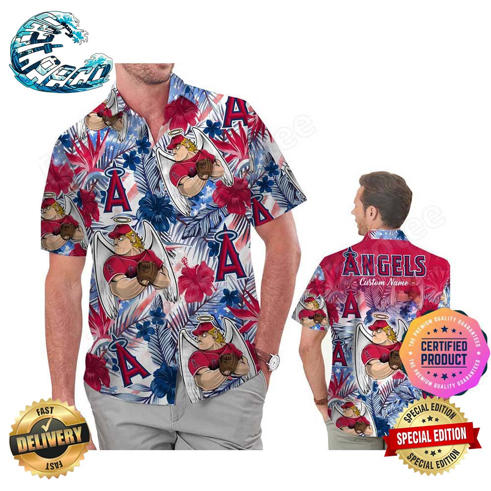 Los Angeles Angels America Flag Tropical Floral MLB Aloha Hawaiian Shirt Beach Shorts Custom Name For Men Women