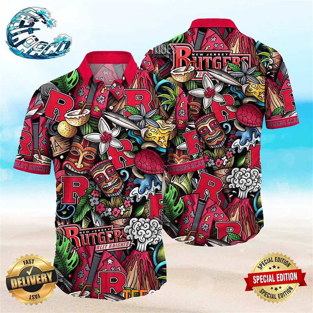 Rutgers Scarlet Knights NCAA Mens Floral Button Up Hawaiian Shirt