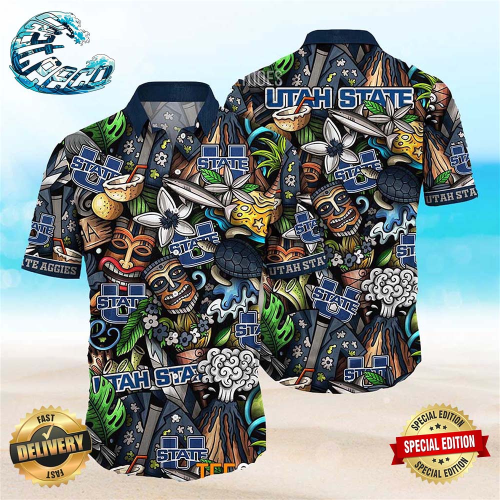 Utah State Aggies Ncaa Mens Floral Button Up Hawaiian Shirt