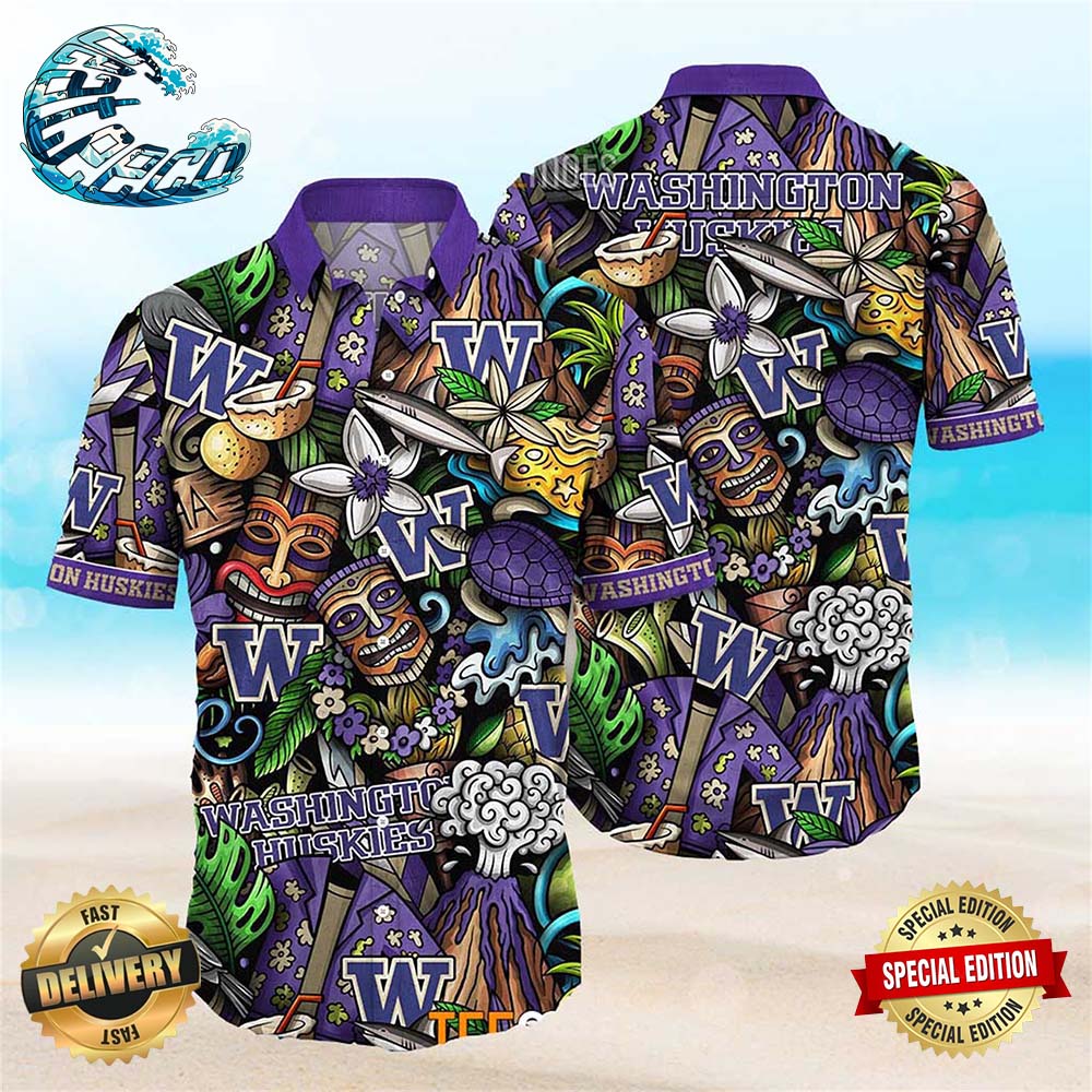 Washington Huskies NCAA Mens Floral Button Up Hawaiian Shirt