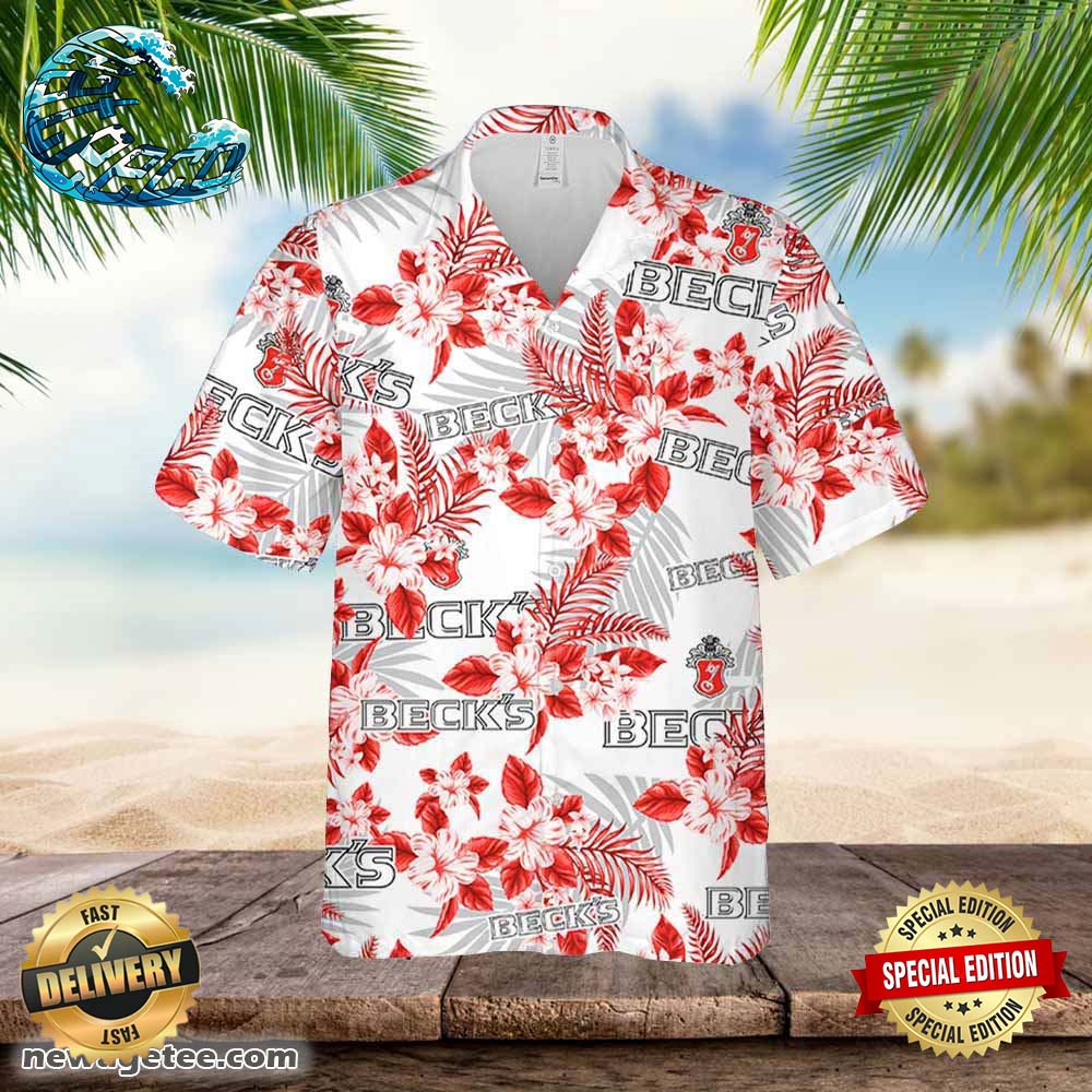 Beck's Beer Hawaiian Button Up Shirt Flowers Pattern