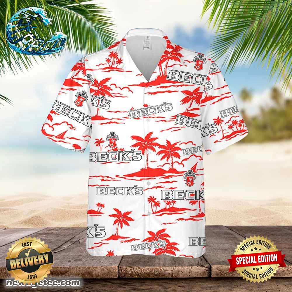 Beck's Beer Hawaiian Button Up Shirt Island Palm Leaves