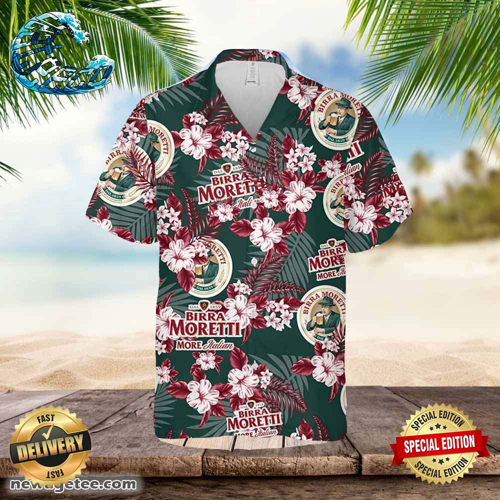 Birra Moretti Hawaiian Button Up Shirt Flowers Pattern