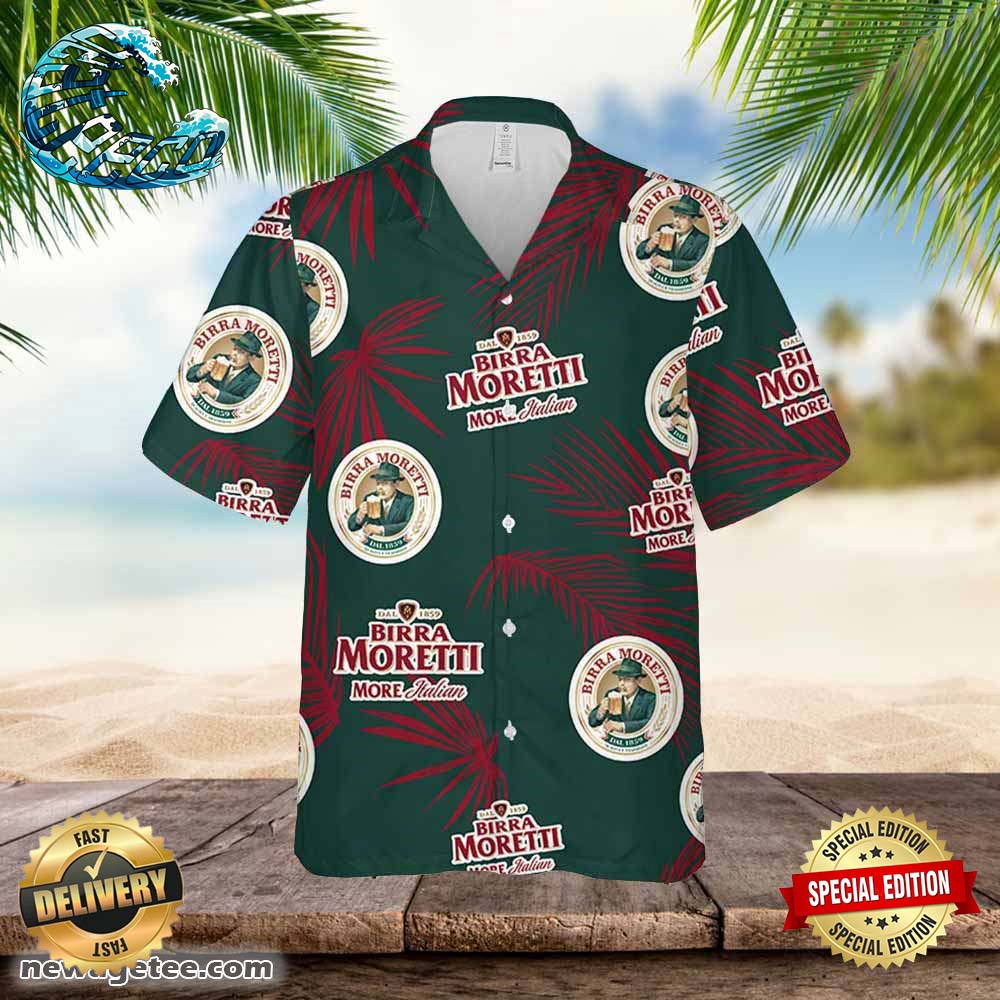 Birra Moretti Hawaiian Button Up Shirt Palm Leaves Pattern