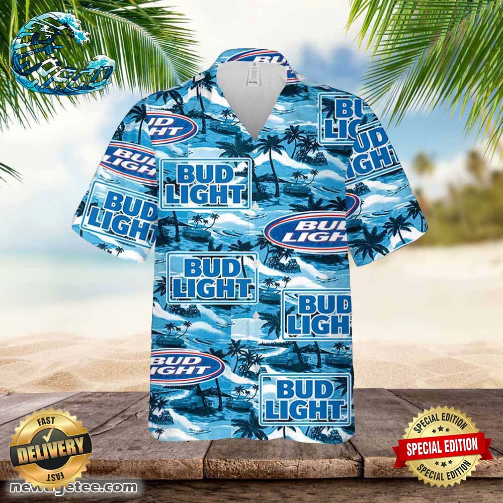 Bud Light Hawaiian Button Up Shirt Sea Island Pattern