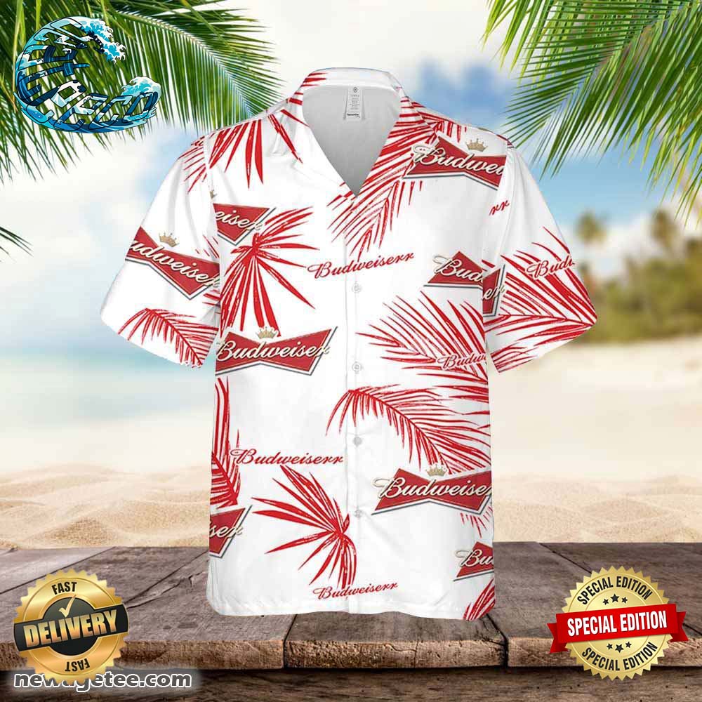 Budweiser Hawaiian Button Up Shirt Palm Leaves Pattern