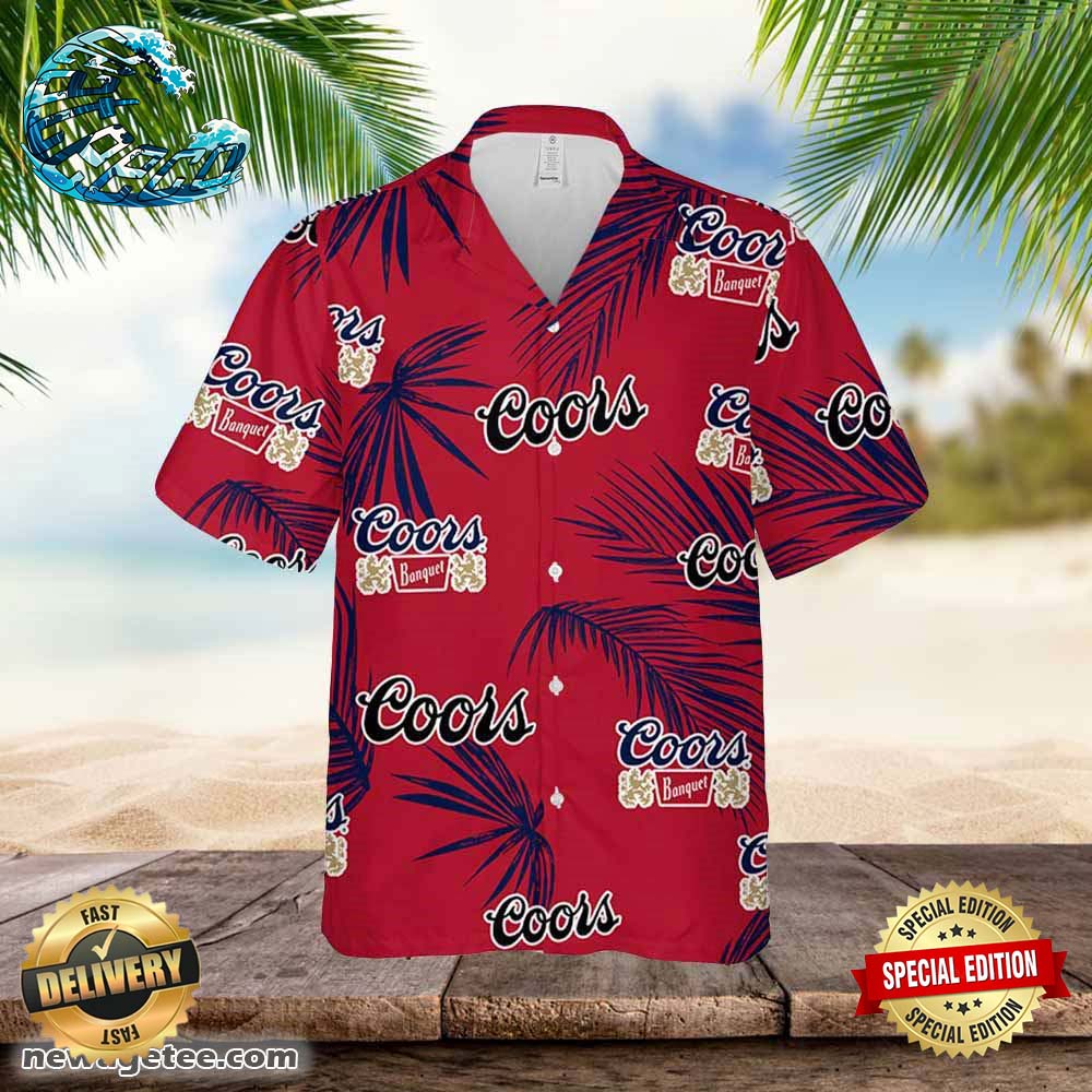 Coors Banquet Hawaiian Button Up Shirt Palm Leaves Pattern