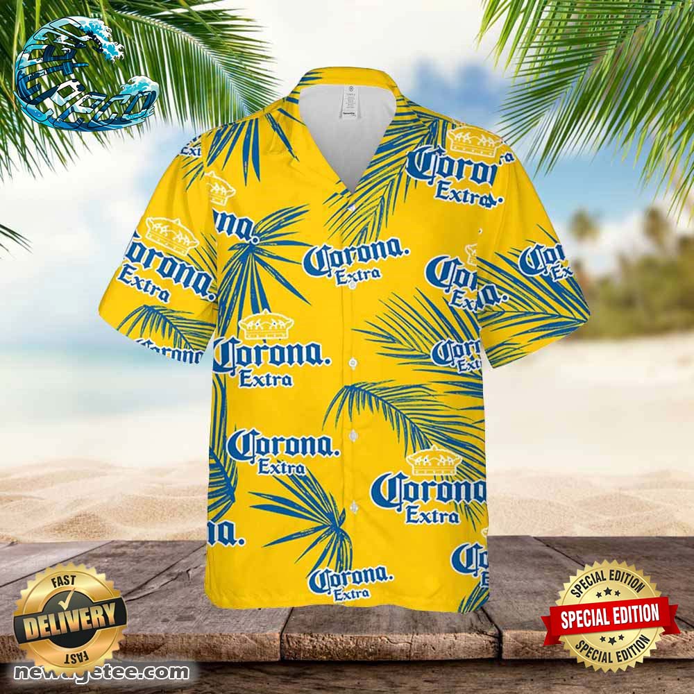 Corona Hawaiian Button Up Shirt Palm Leaves Pattern Party