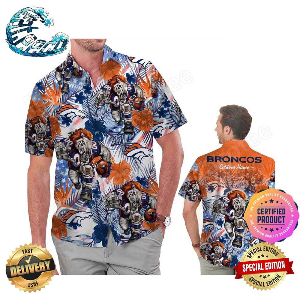 Denver Broncos America Flag Tropical Floral Aloha Hawaiian Shirt, Beach Shorts Custom Name For Men Women