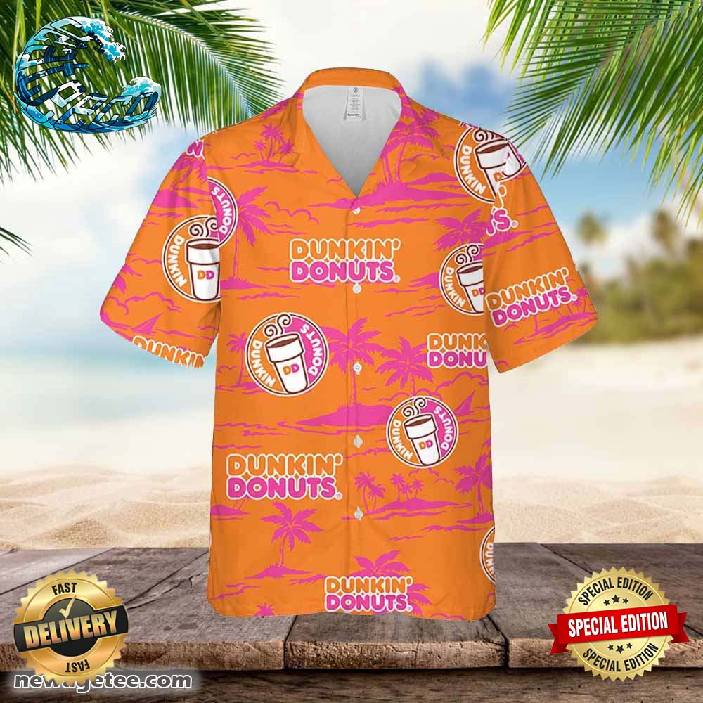 Dunkin Donuts Hawaiian Button Up Shirt Island Palm Leaves Shirt