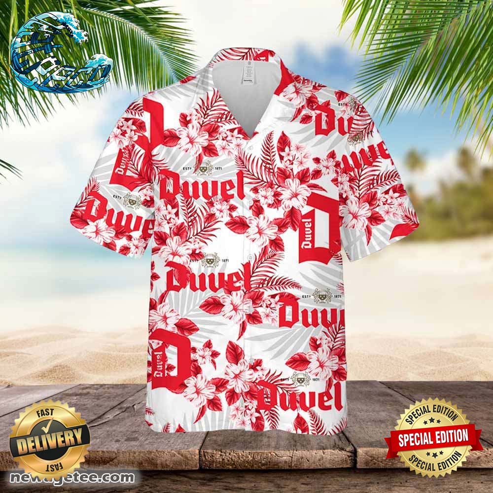 Duvel Beer Hawaiian Button Up Shirt Hibiscus Floral