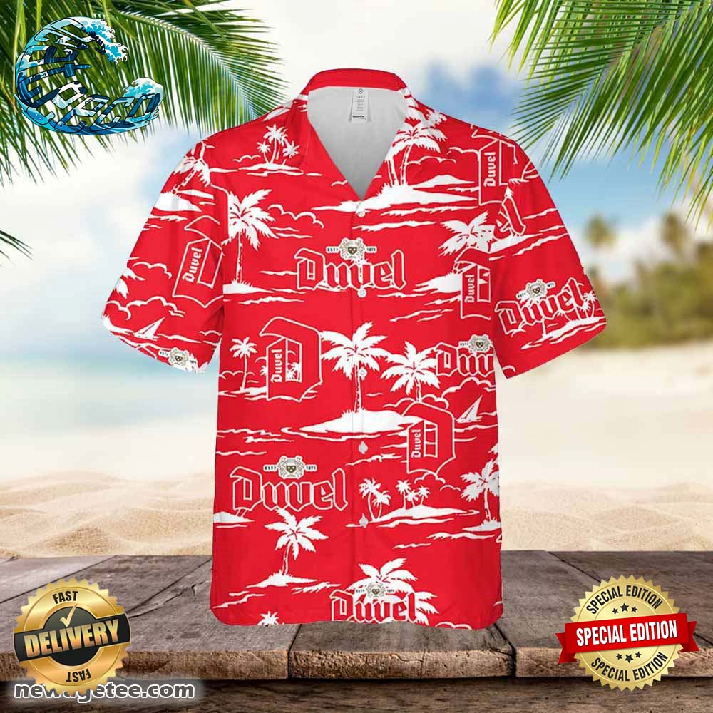 Duvel Beer Hawaiian Button Up Shirt Island Palm Leaves Shirt