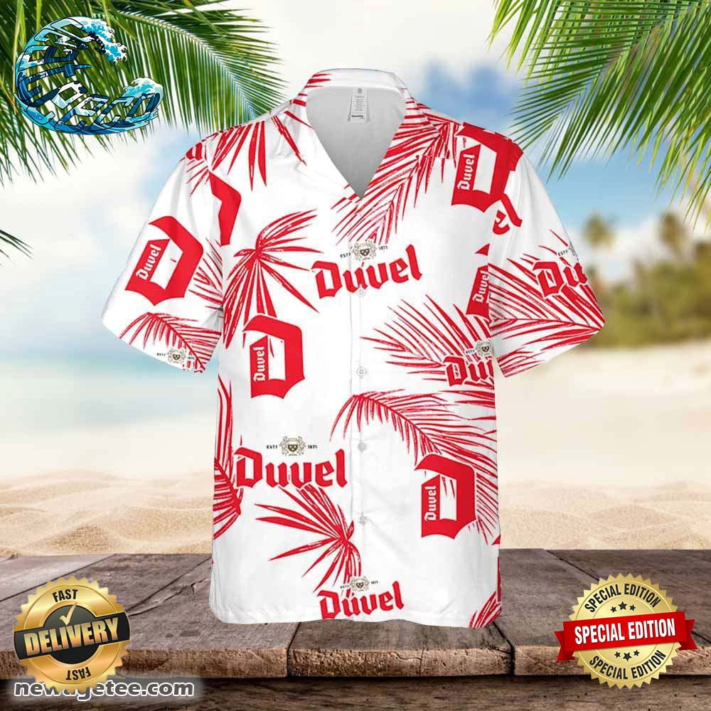 Duvel Beer Hawaiian Button Up Shirt Palm Leaves Pattern