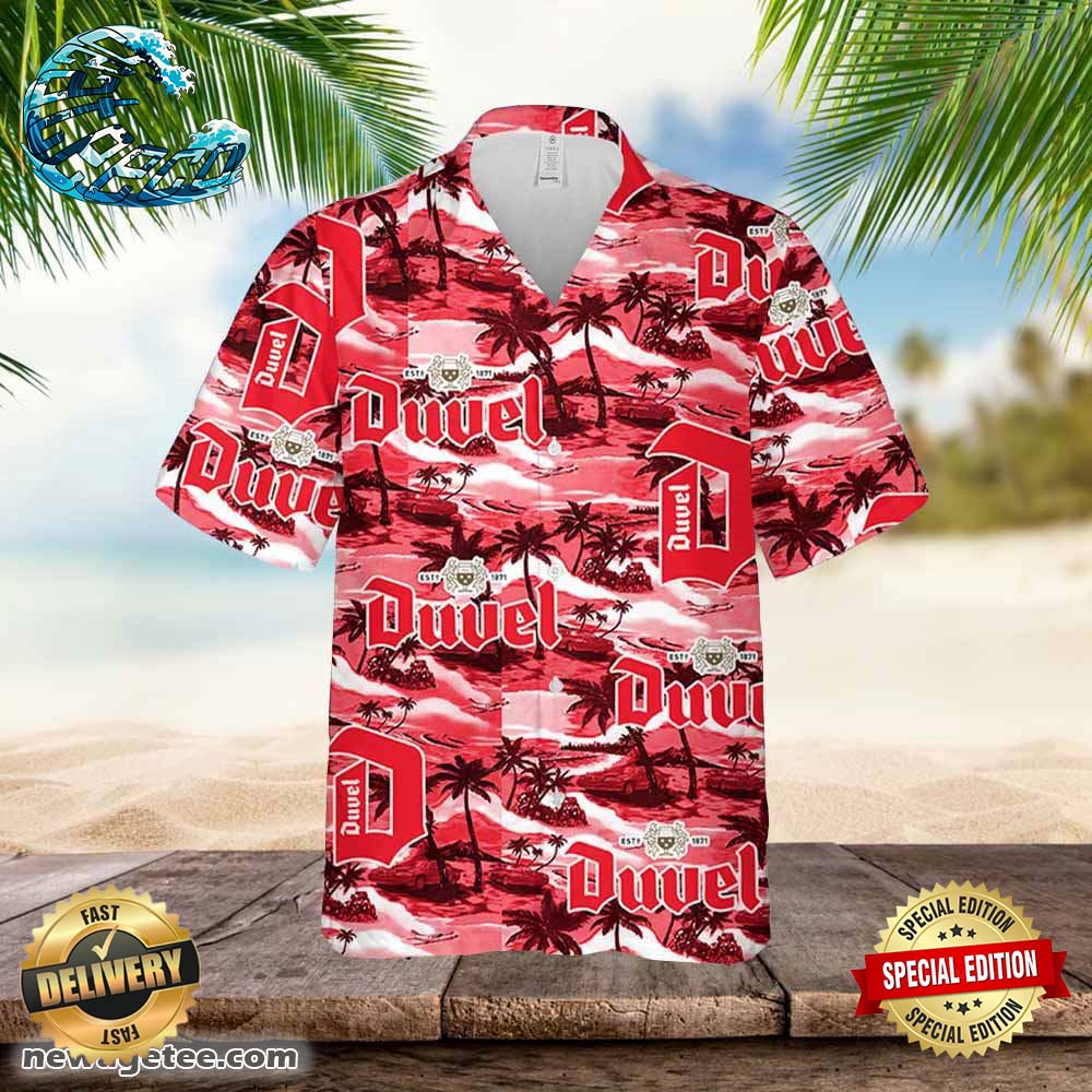 Duvel Beer Hawaiian Button Up Shirt Sea Island Pattern