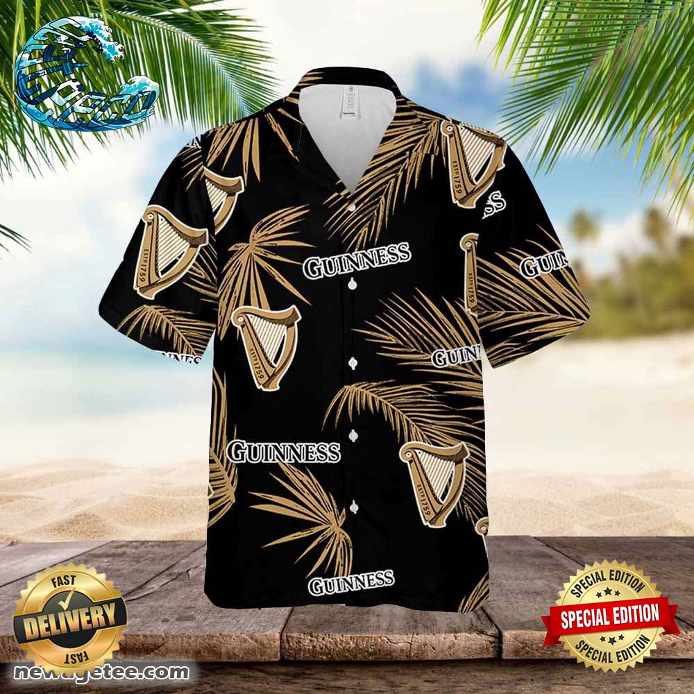 Guinness Hawaiian Button Up Shirt Palm Leaves Pattern Party