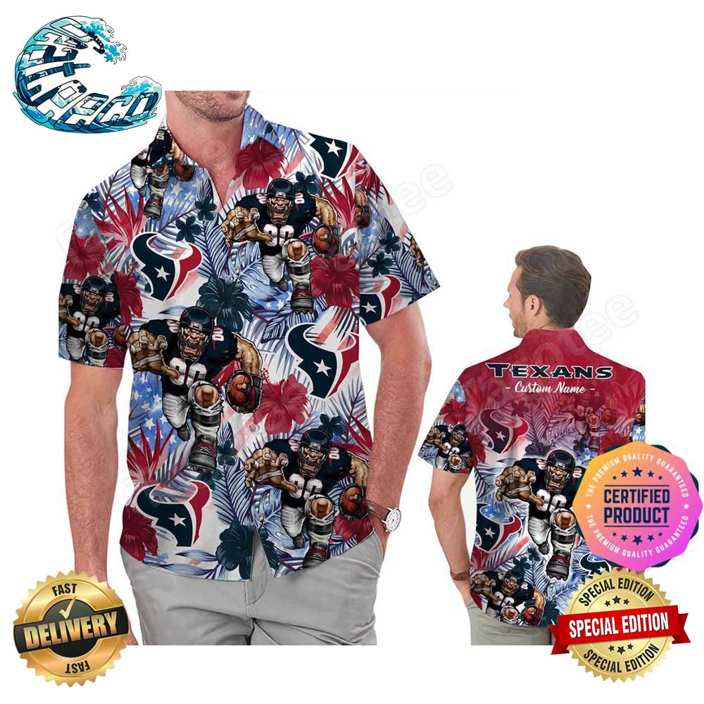 Houston Texans America Flag Tropical Floral Aloha Hawaiian Shirt, Beach Shorts Custom Name For Men Women