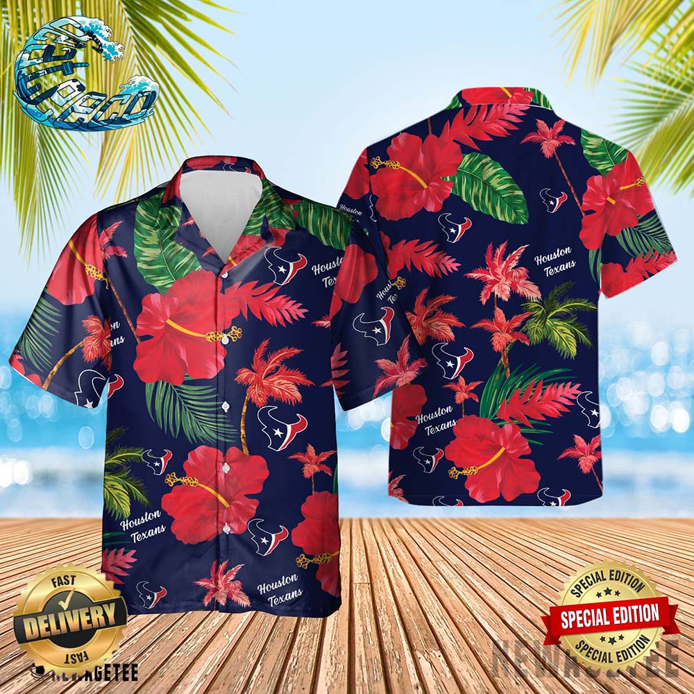 Houston Texans Nfl Color Hibiscus Button Up Hawaiian Shirt