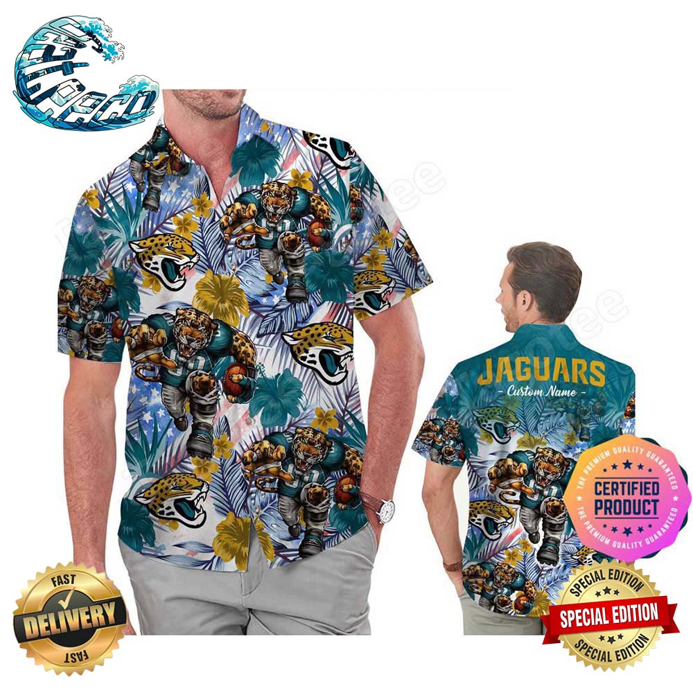 Jacksonville Jaguars America Flag Tropical Floral Aloha Hawaiian Shirt, Beach Shorts Custom Name For Men Women