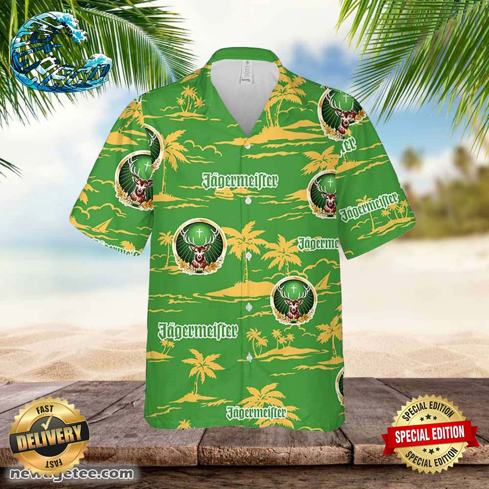 Jagermeister Hawaiian Button Up Shirt Island Palm Leaves Shirt