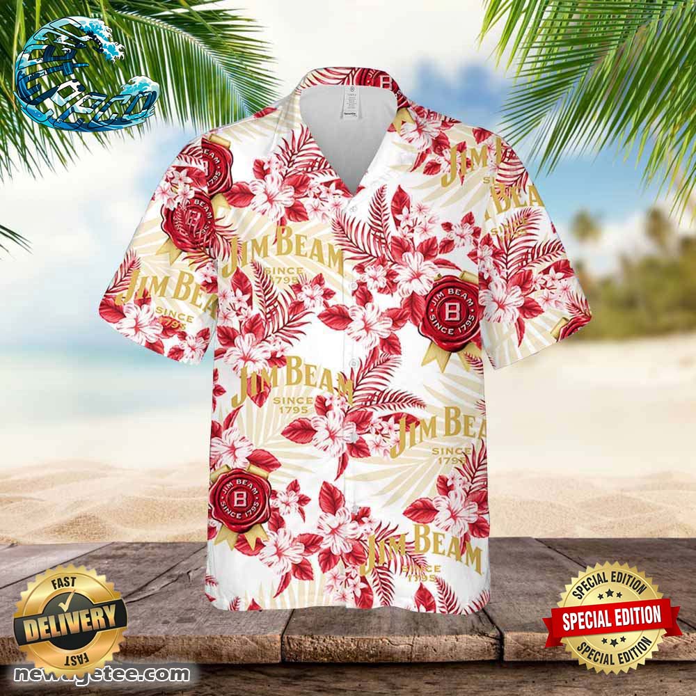 Jim Beam Hawaiian Button Up Shirt Hibiscus Floral