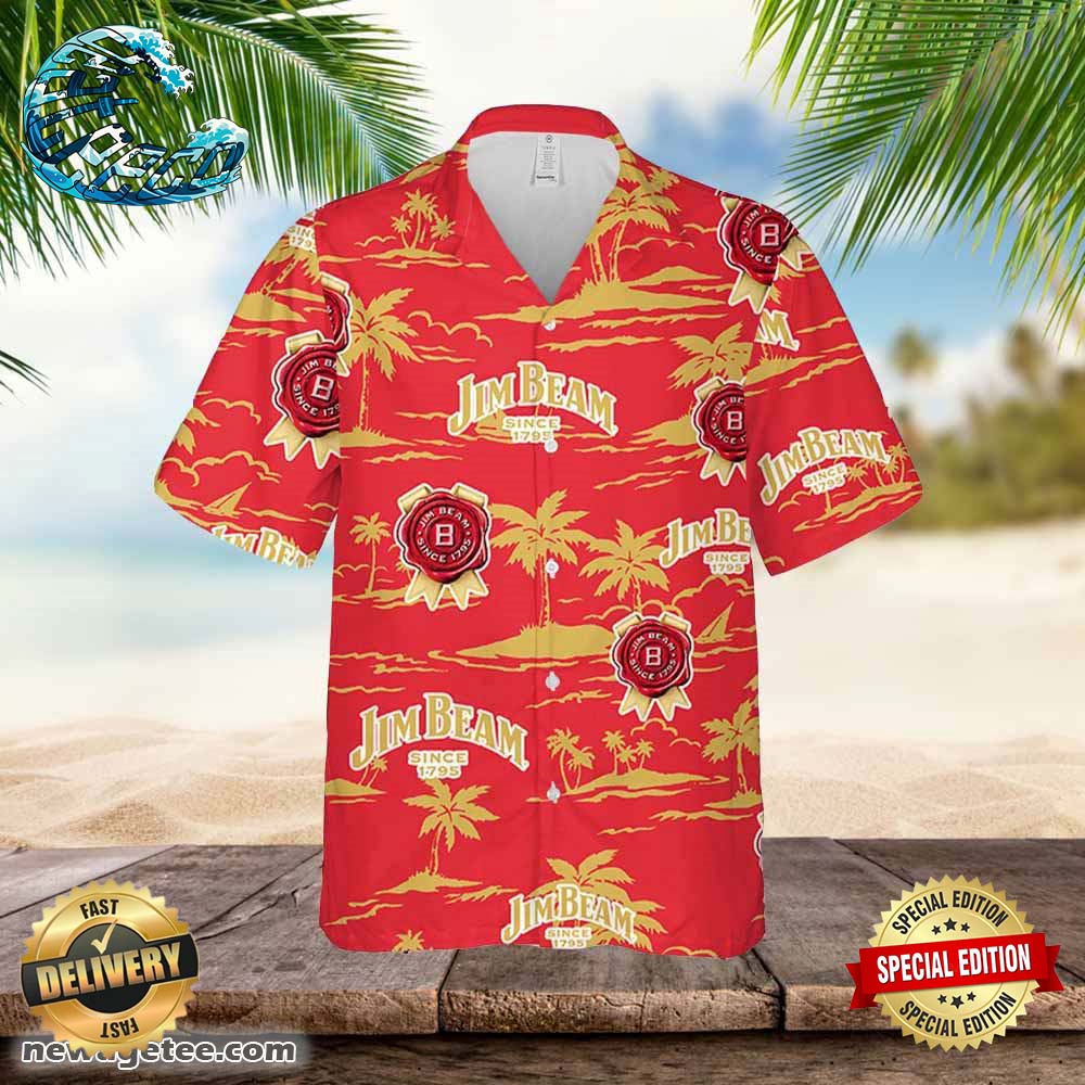 Jim Beam Hawaiian Button Up Shirt Island Palm Leaves Shirt Jim