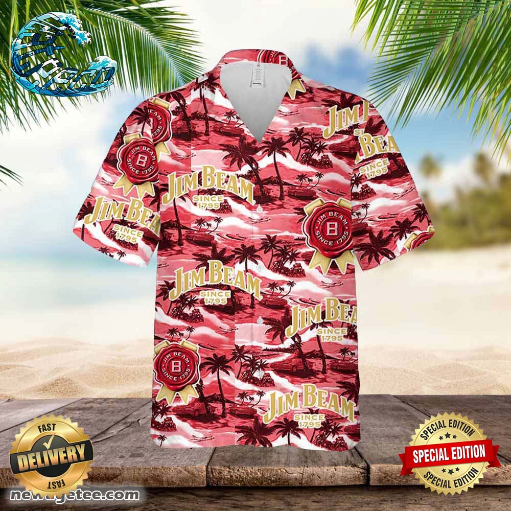 Jim Beam Hawaiian Button Up Shirt Sea Island Pattern