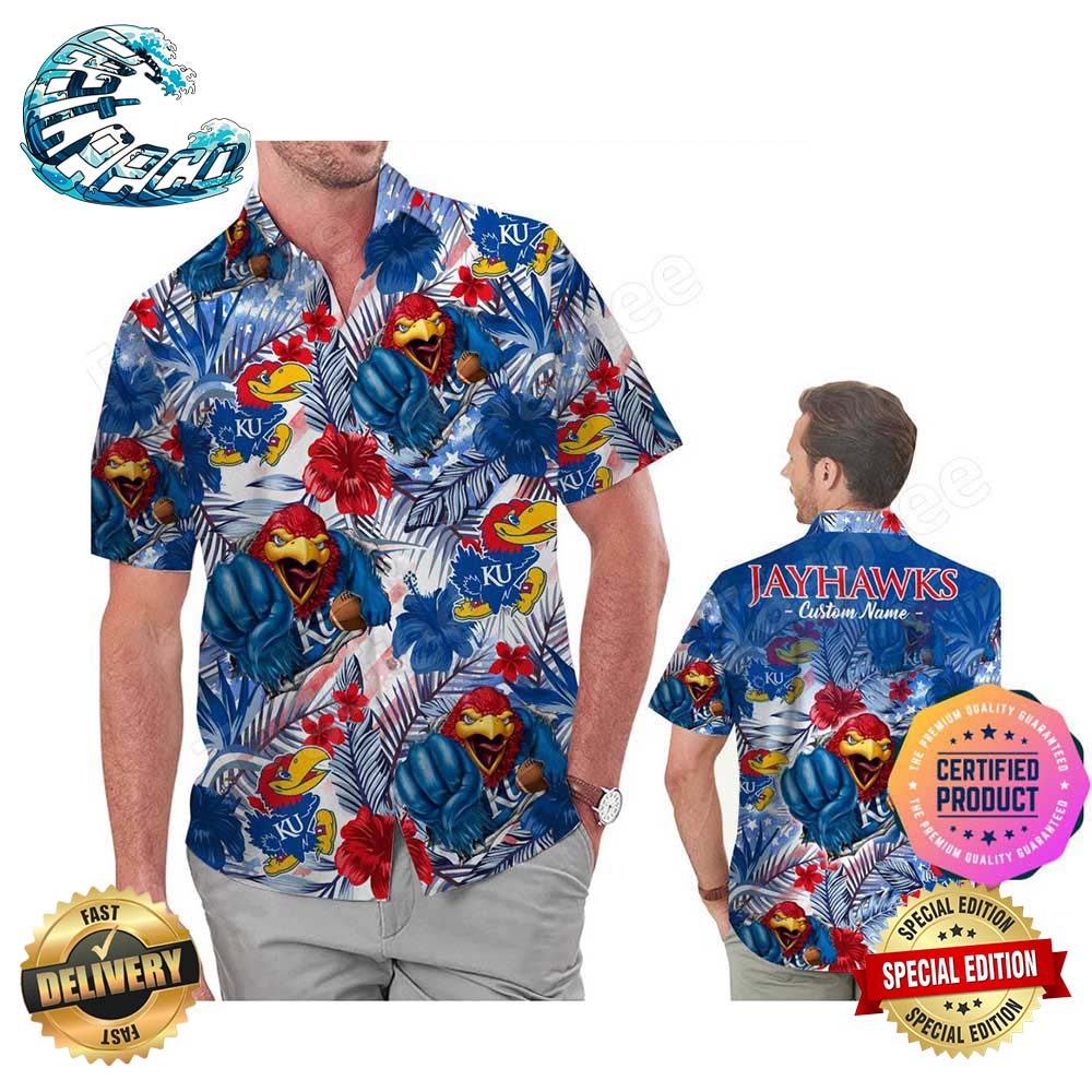 Kansas Jayhawks America Flag Tropical Floral Aloha Hawaiian Shirt, Beach Shorts Custom Name For Men Women