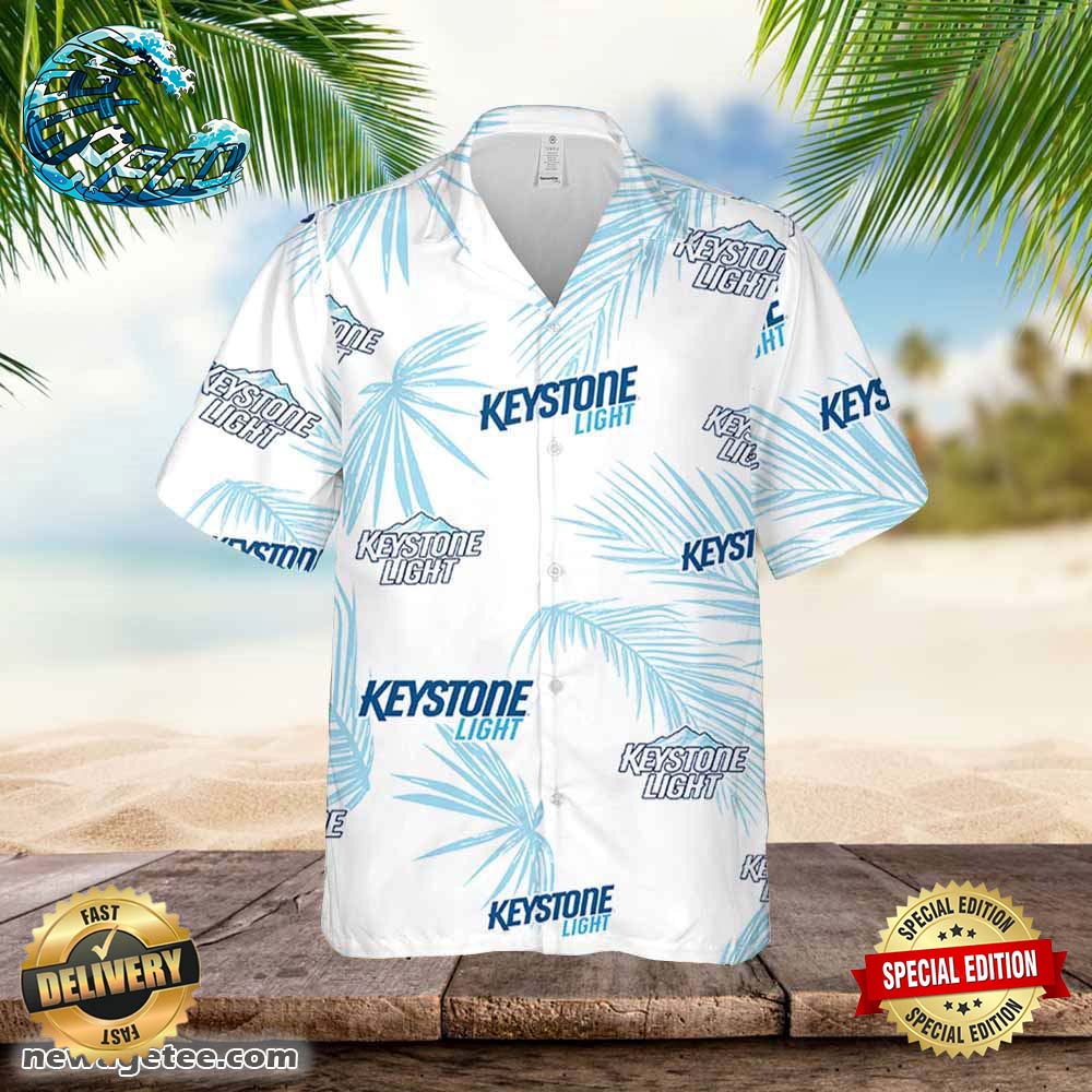 Keystone Light Hawaiian Button Up Shirt Palm Leaves Pattern