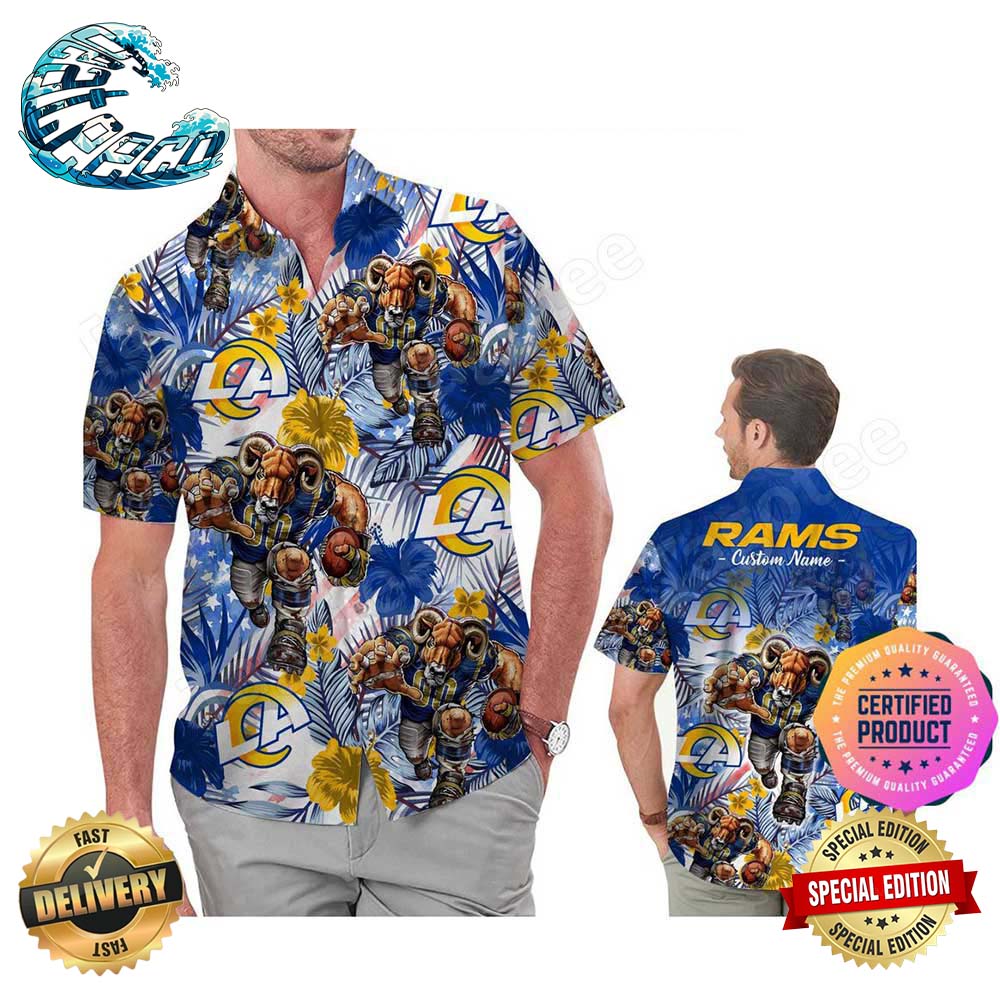 Los Angeles Rams America Flag Tropical Floral Aloha Hawaiian Shirt Beach Shorts Custom Name For Men Women