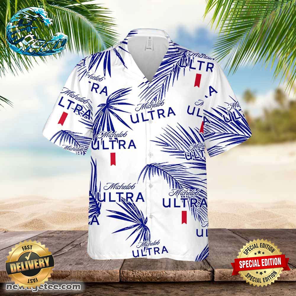 Michelob Ultra Hawaiian Button Up Shirt Palm Leaves Pattern