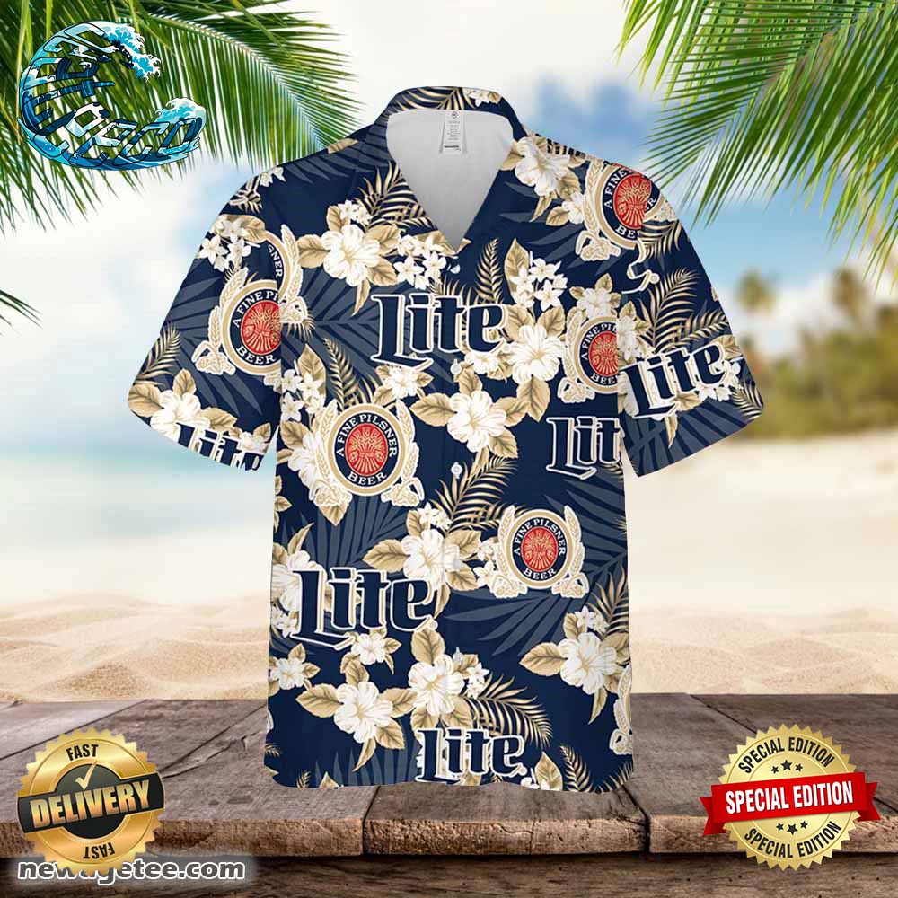 Miller Lite Hawaiian Button Up Shirt Flowers Pattern Shirt