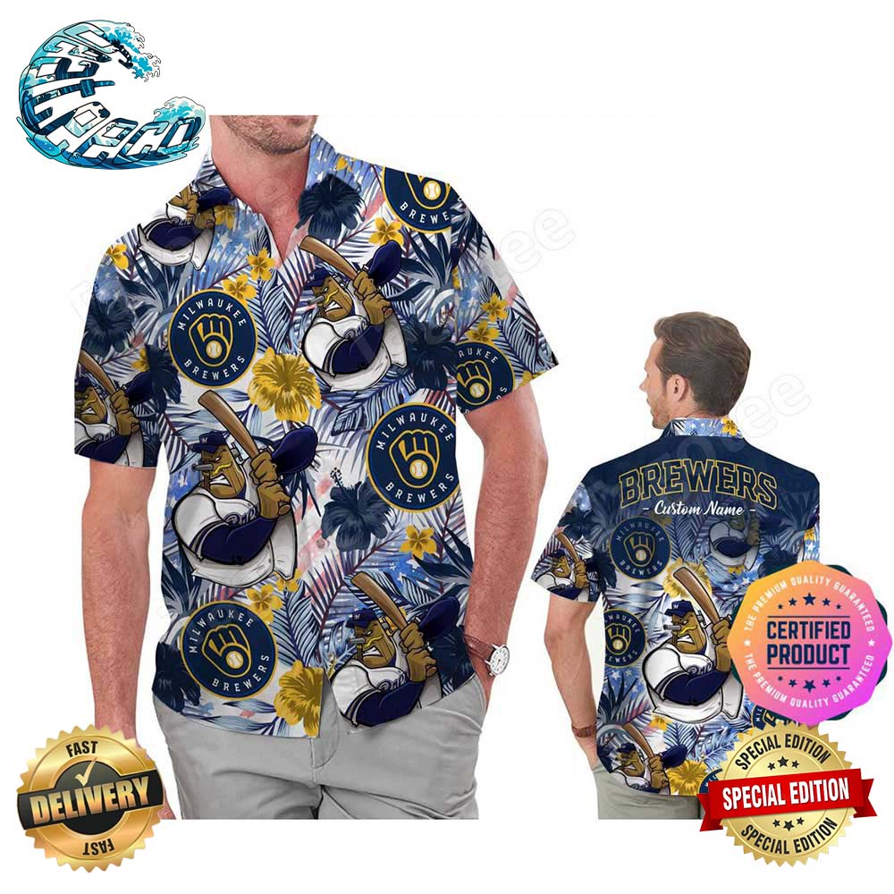 Milwaukee Brewers America Flag Tropical Floral MLB Aloha Hawaiian Shirt Beach Shorts Custom Name For Men Women