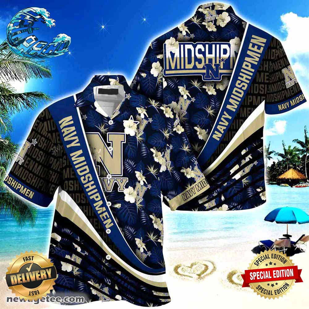 Navy Midshipmen Summer Beach Hawaiian Shirt With Tropical Flower Pattern