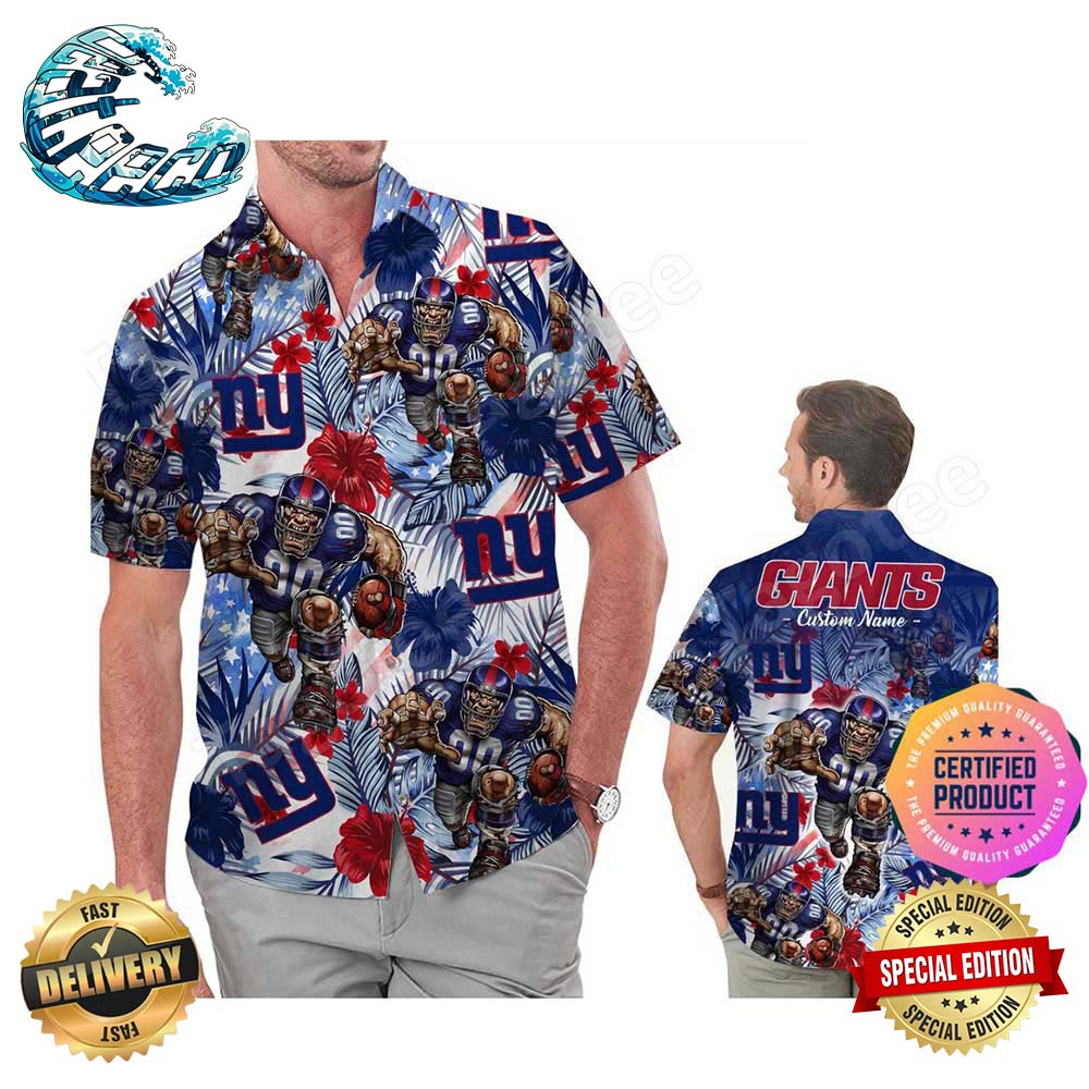 New York Giants America Flag Tropical Floral Aloha Hawaiian Shirt Beach Shorts Custom Name For Men Women