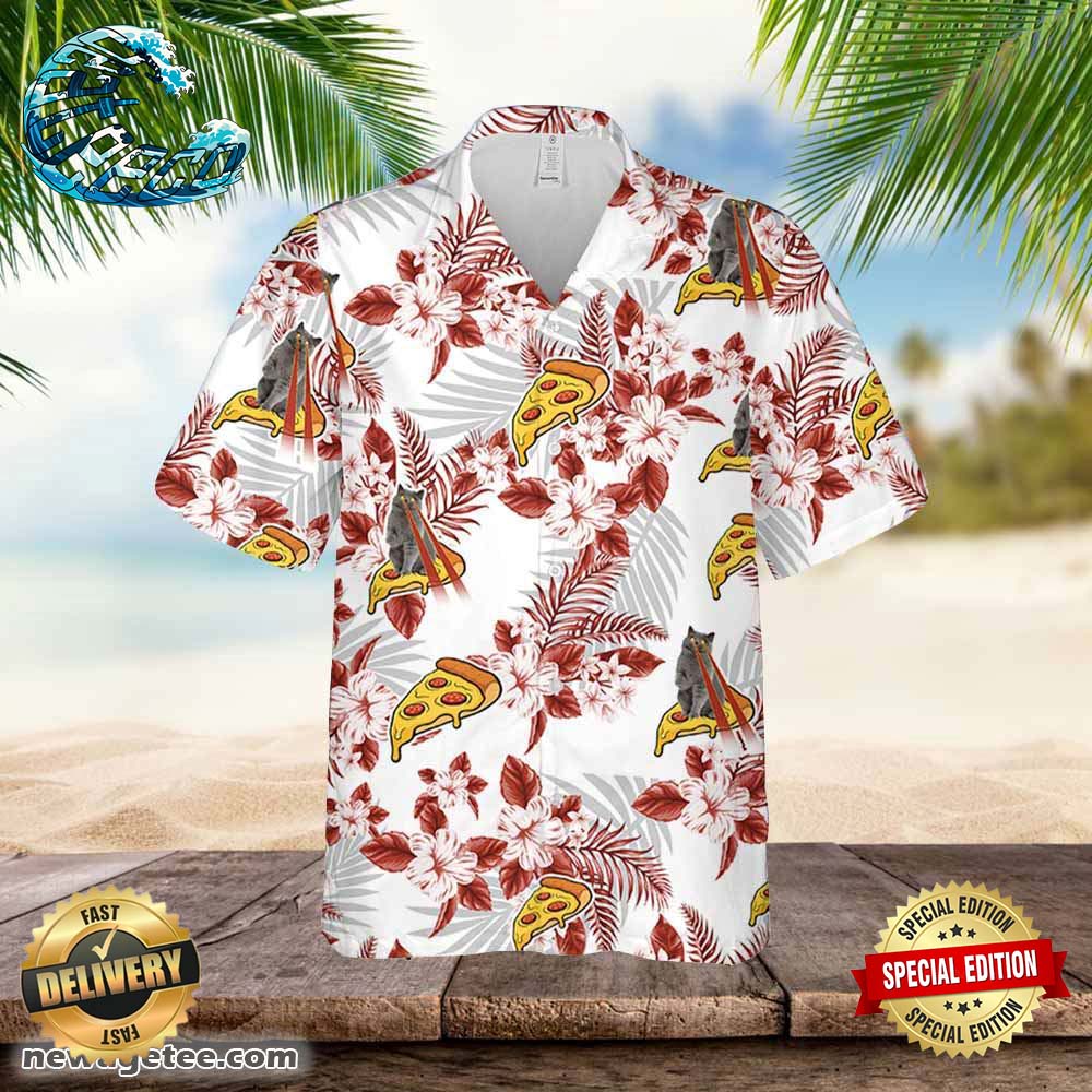 Pizza Cat Hawaiian Flowers Pattern Shirt Pizza Cat Hawaiian