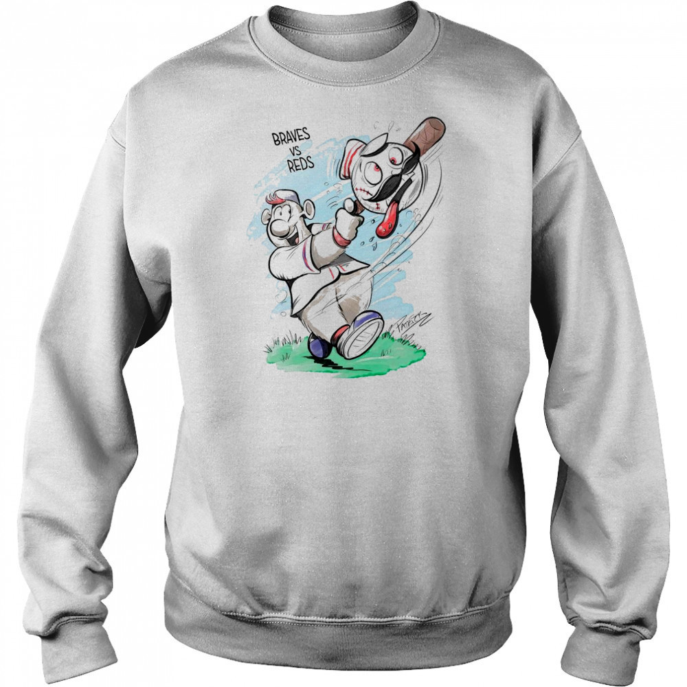 Atlanta Braves and Cincinnati Reds Patrick Carlson Mascot Art 2025 t-shirt Sweatshirt
