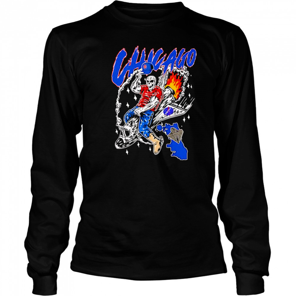 Skeleton riding space ship Chicago Cubs shirt Long Sleeved