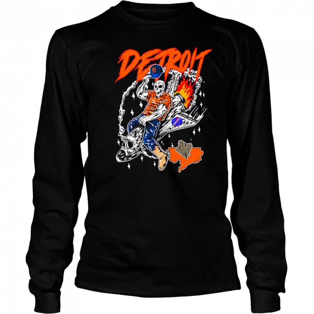 Skull Detroit Tigers riding space ship shirt Long Sleeved