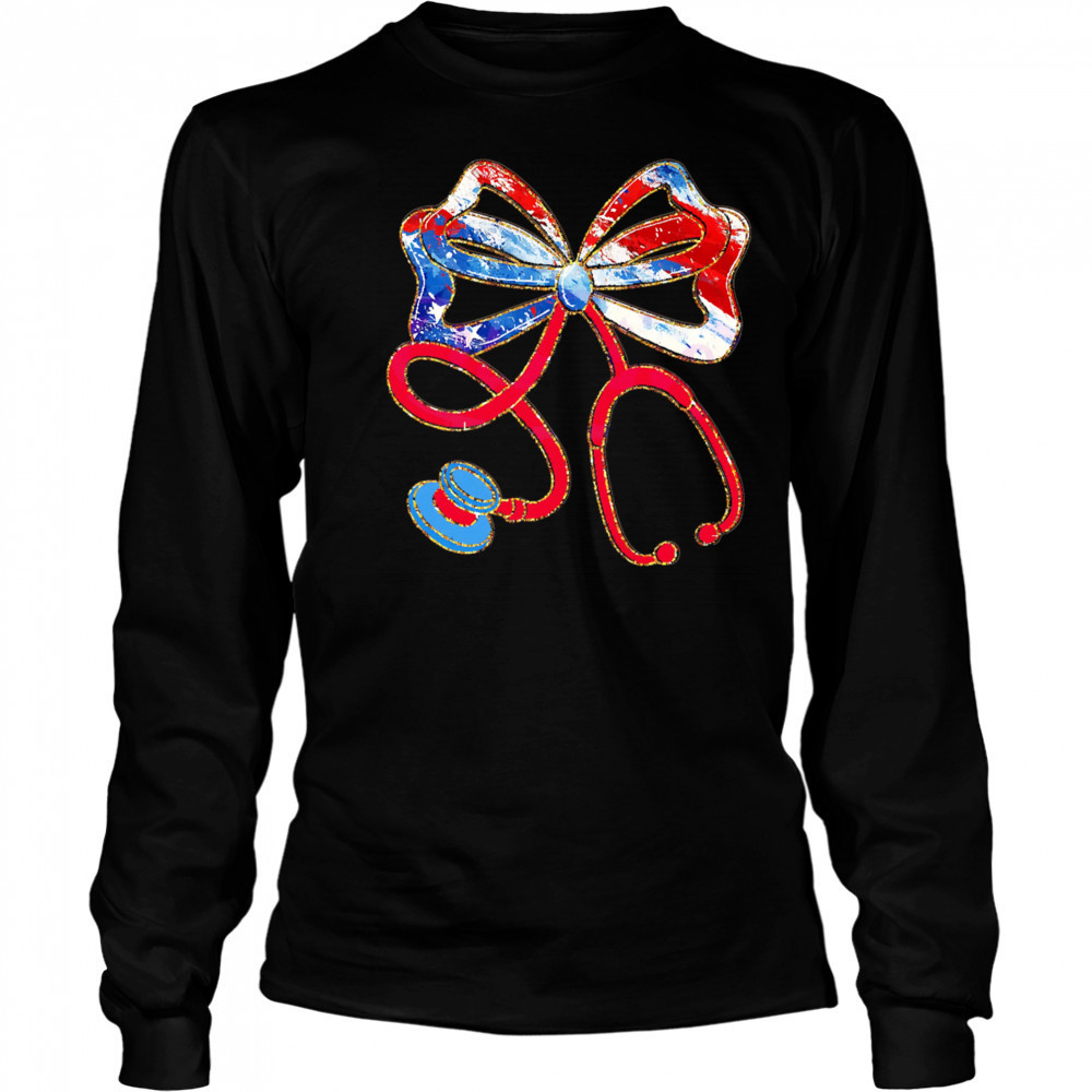 Patriotic Nurse Bow Stethoscope shirt Long Sleeved