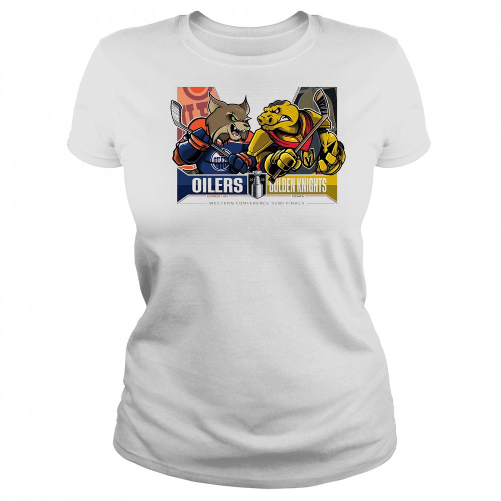 Edmonton Oilers Vs Vegas Golden Knights 2025 2nd Round Matchups Western Conference Semi Finals Mascot t-shirt Women's T-shirt
