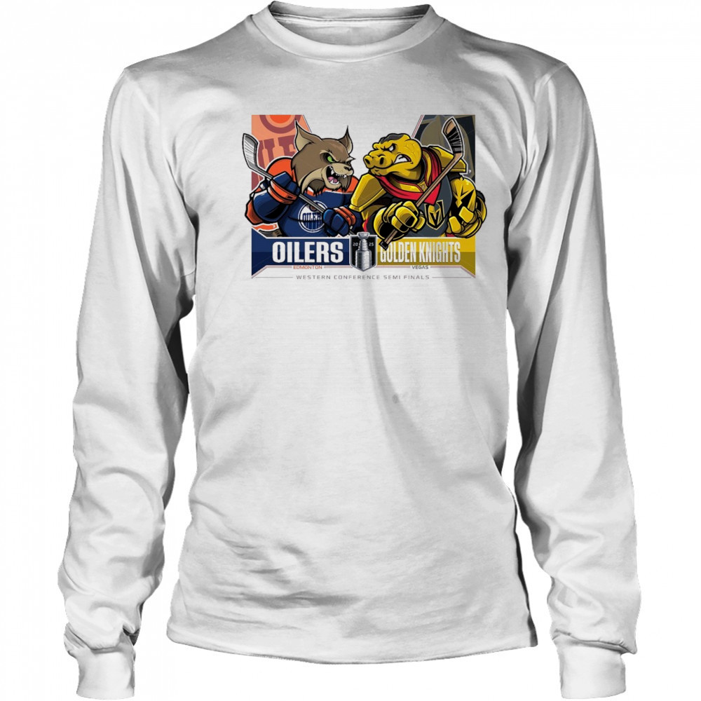 Edmonton Oilers Vs Vegas Golden Knights 2025 2nd Round Matchups Western Conference Semi Finals Mascot t-shirt Long Sleeved