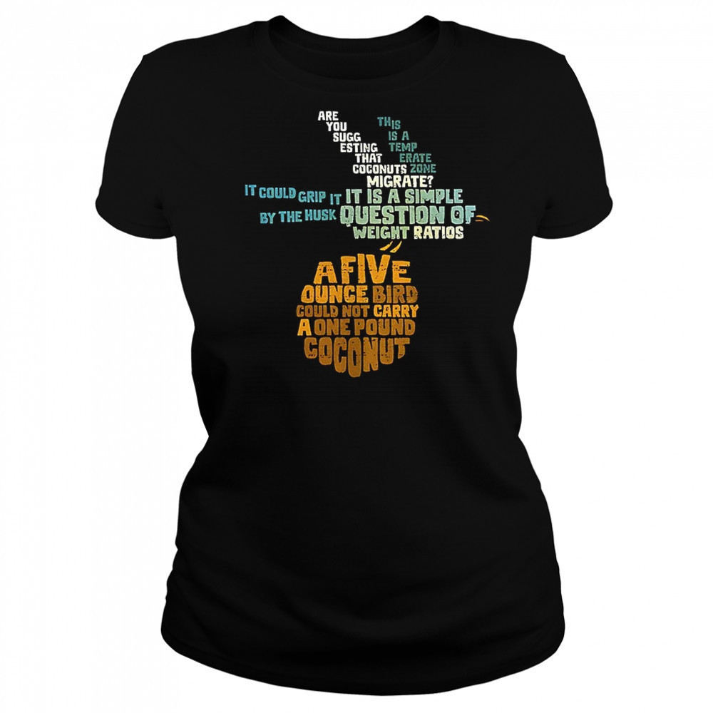 Monty Python and the Holy Grail and the question of whether a swallow can carry a coconut shirt Women's T-shirt
