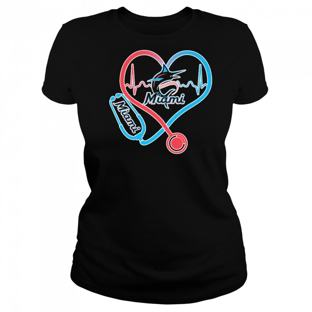 Miami Marlins Caring Hearts Nurse Stethoscope Heartbeat T-shirt Women's T-shirt