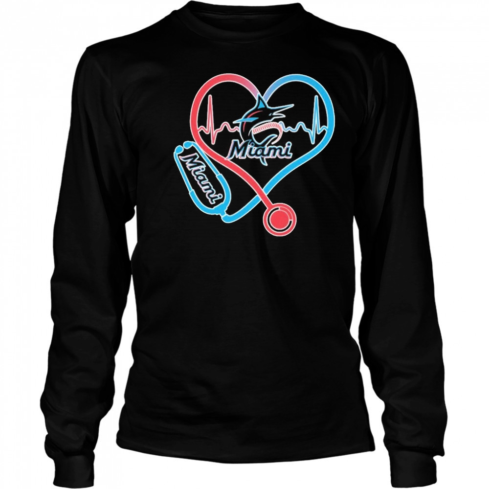 Miami Marlins Caring Hearts Nurse Stethoscope Heartbeat T-shirt Long Sleeved