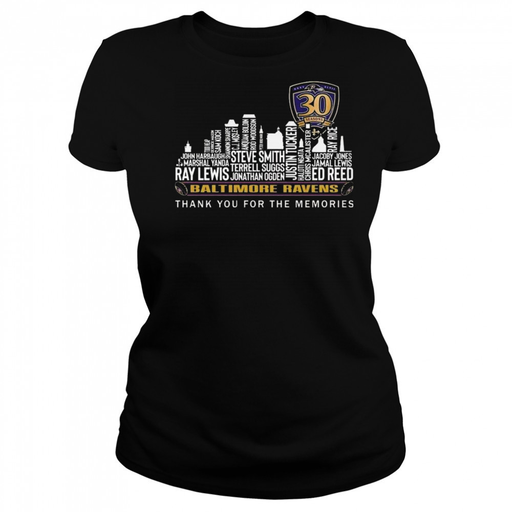 Baltimore Ravens 30 Seasons Thank You For The Memories Skyline Names 2025 Shirt Women's T-shirt