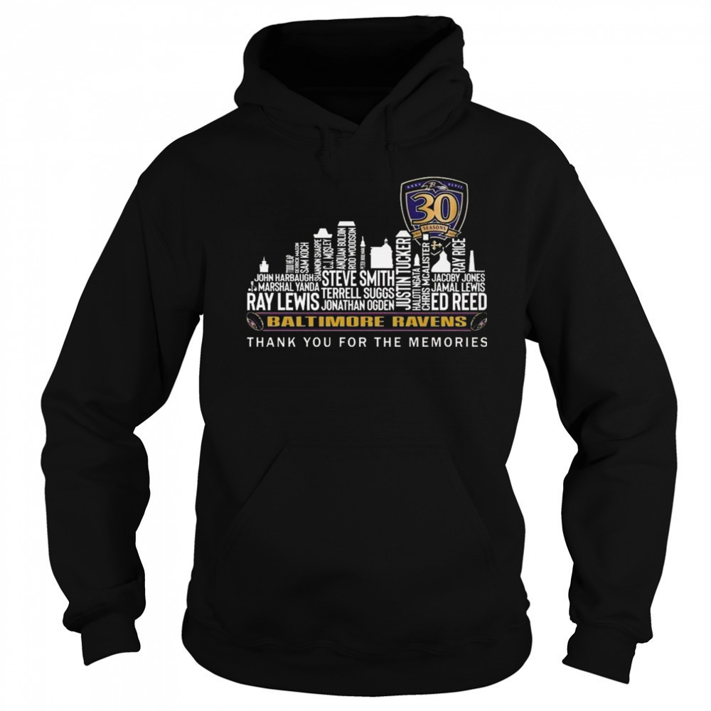 Baltimore Ravens 30 Seasons Thank You For The Memories Skyline Names 2025 Shirt Hoodie