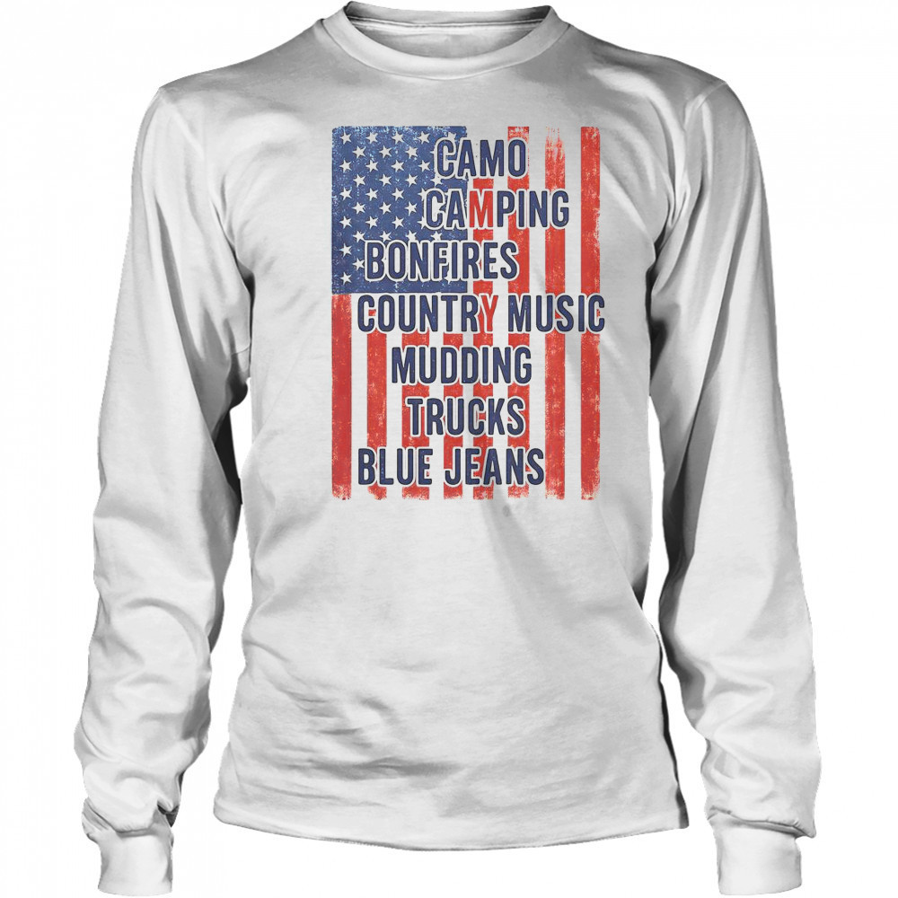 American Life Patriotic USA Flag Camo Camping Bonfires Country Music T-Shirt Long Sleeved
